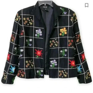 Designer Linen Jacket Cardigan Size 4 MAK Of NEW YORK Embroidered Floral